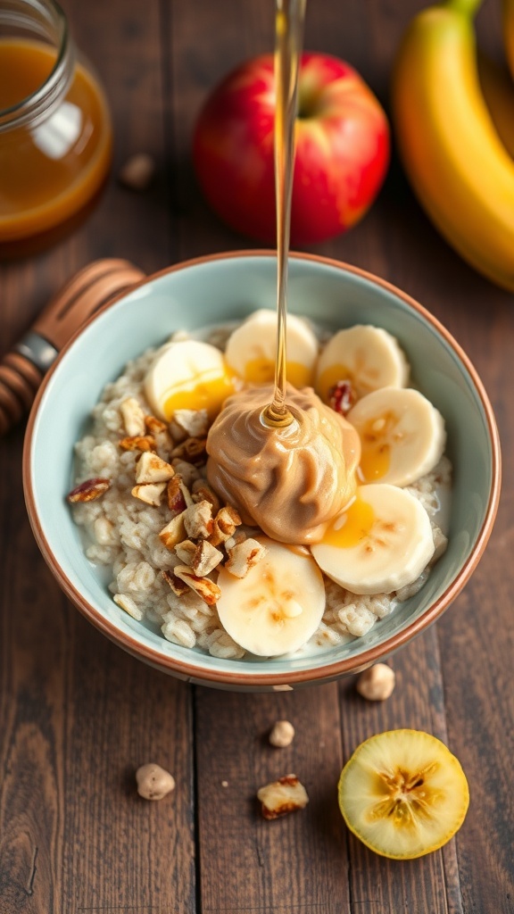 A nutritious bowl of oatmeal with peanut butter, banana slices, and nuts on a rustic table.